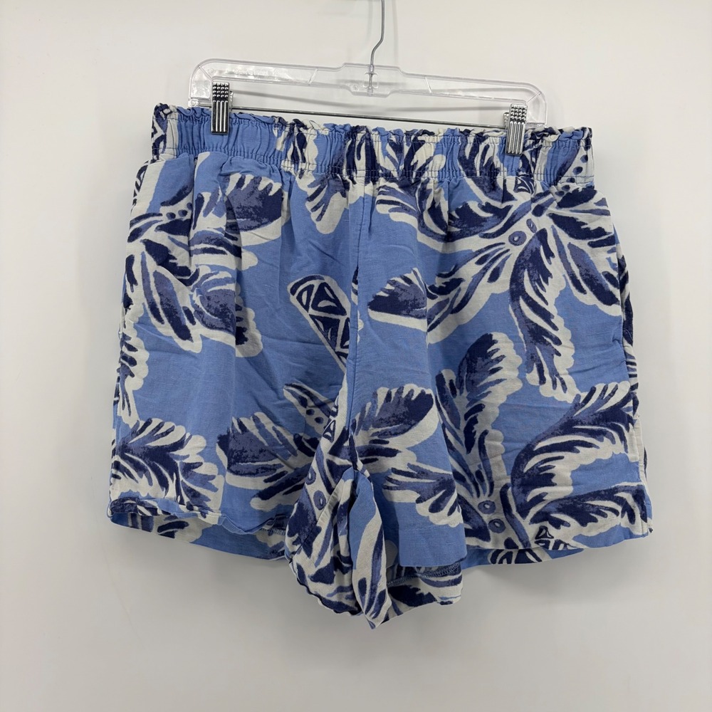 H&M Womens XL Blue Tropical Palm Leaf Linen Blend Elastic Waist Shorts